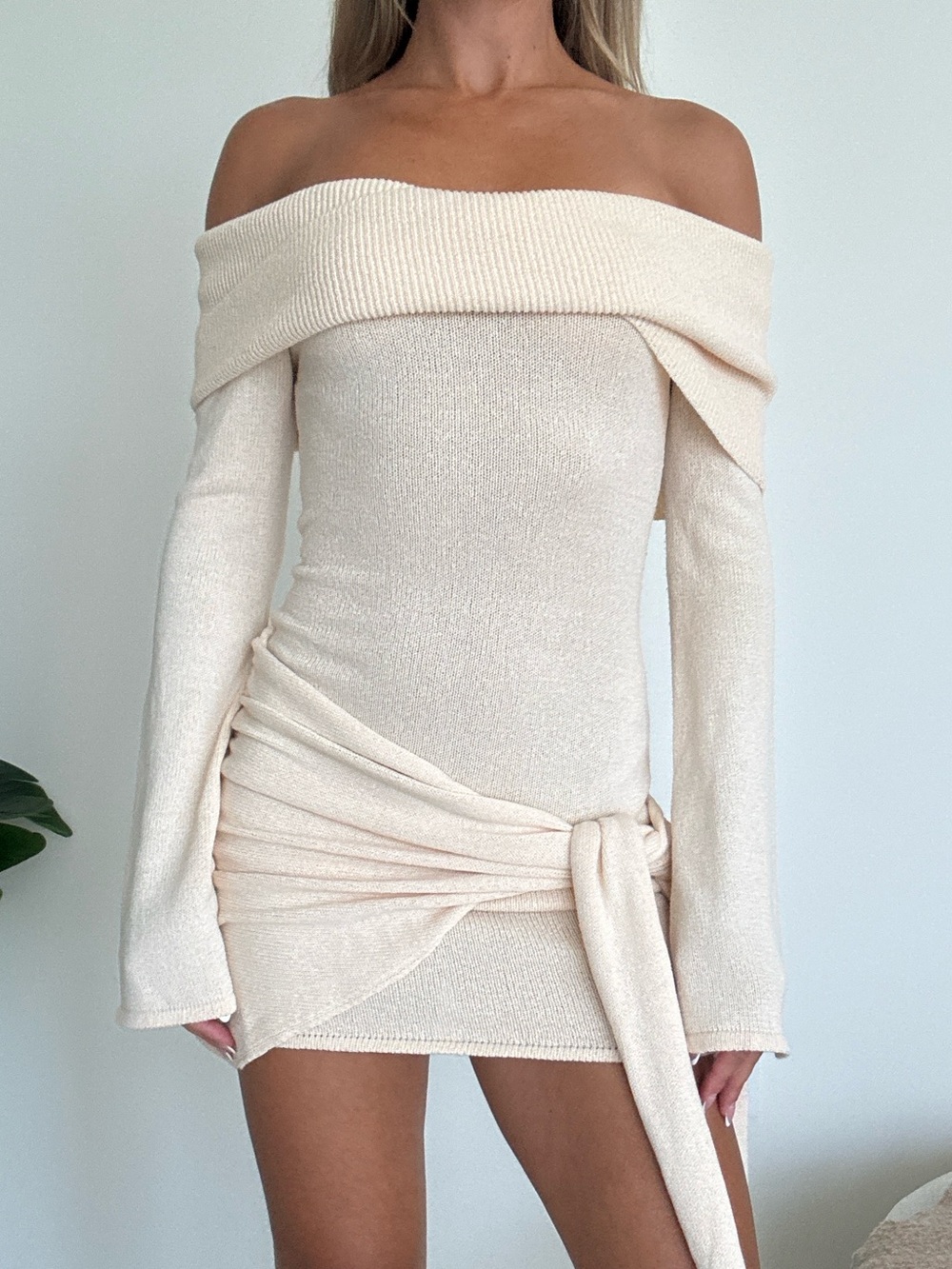 Meshki Off-Shoulder Cream Knit Mini Dress with Side Tie